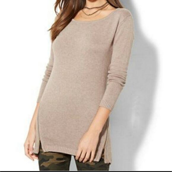 New York & Company double zip tunic sweater tan medium - Picture 1 of 3